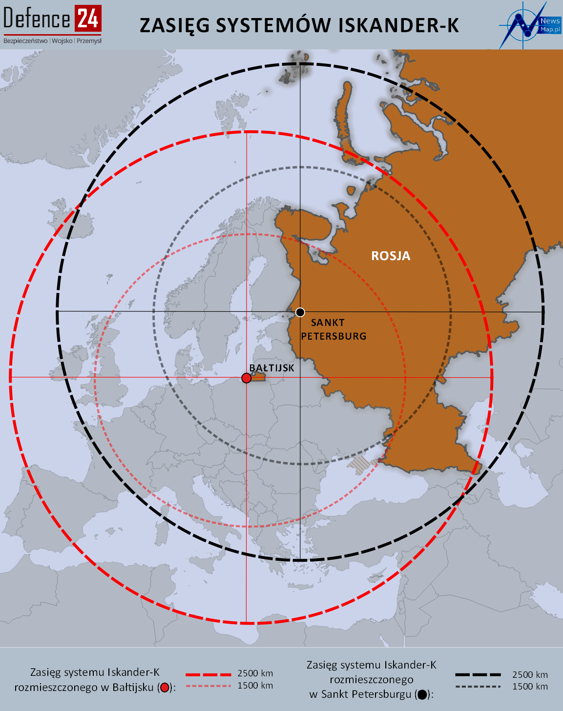 Zasięg systemów Iskander-K. Mapa: Defence24.pl