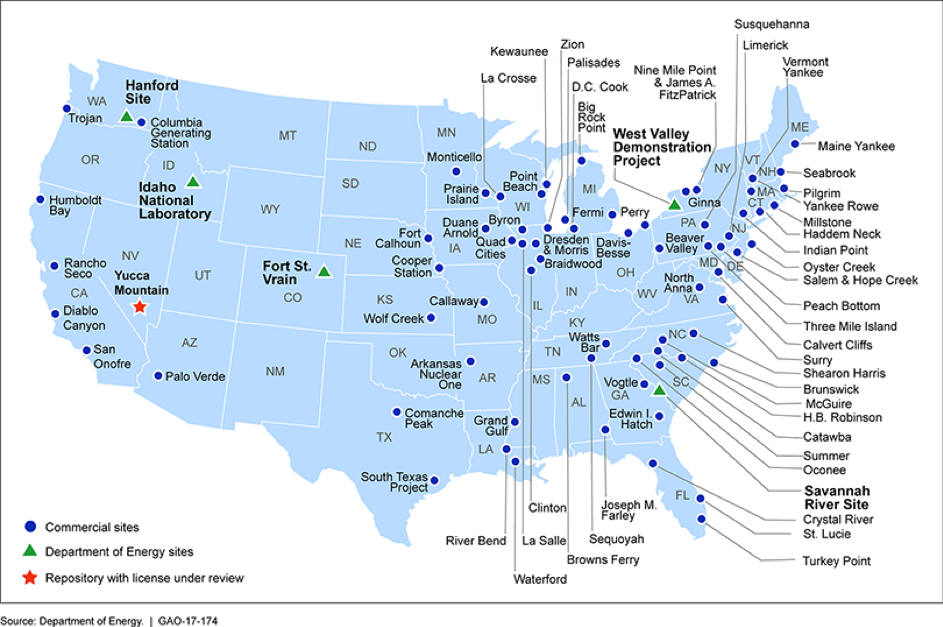 Rys.1: Aktualne miejsca przechowywania odpadów radioaktywnych w Stanach Zjednoczonych. Źródło: Departament Energii USA